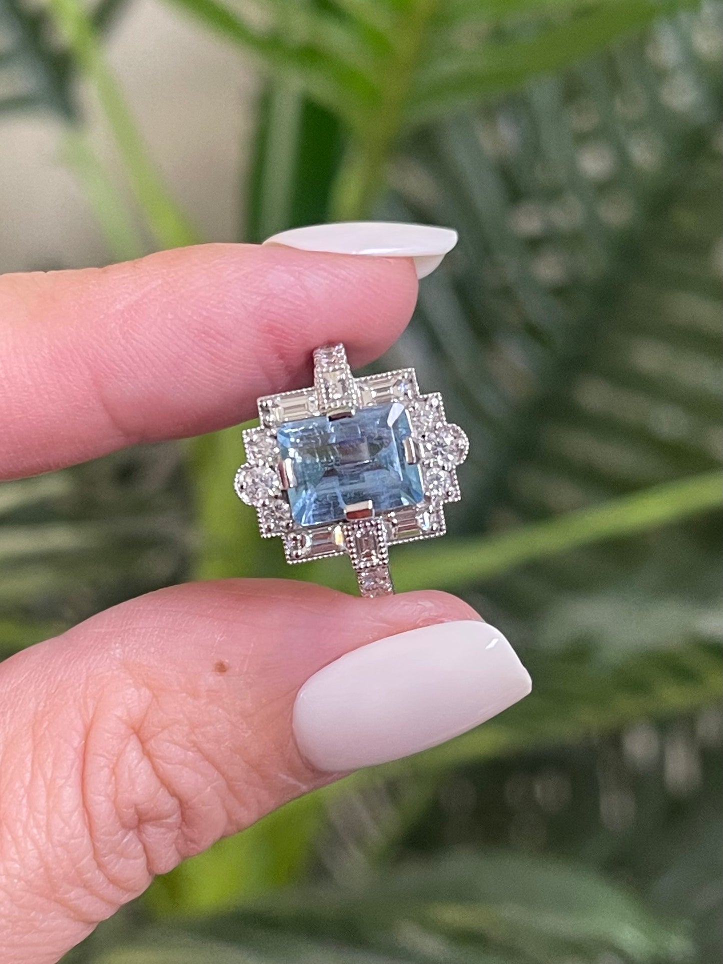 Art Deco Style 1.96ct Natural Aquamarine & Diamond Ring In 14ct White Gold