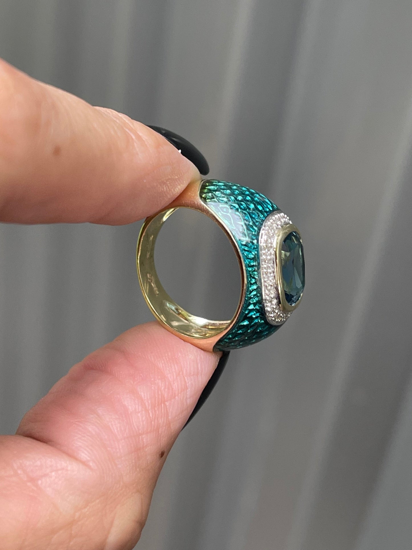 Blue Topaz & Diamond Snakeskin Pattern Enamel Ring in 14ct Yellow Gold