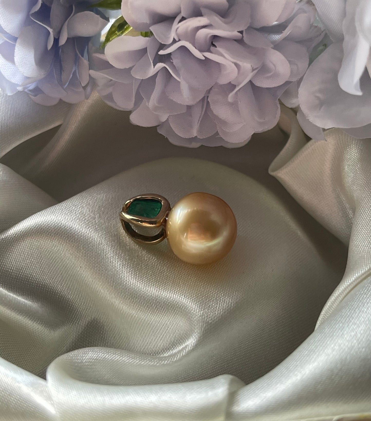 Golden South Sea Pearl Pendant & Emerald In 9ct Yellow Gold