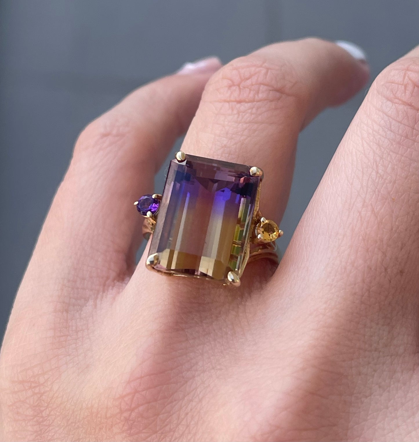 Vintage 9ct yellow gold 1998 Birmingham import natural ametrine ring large size R