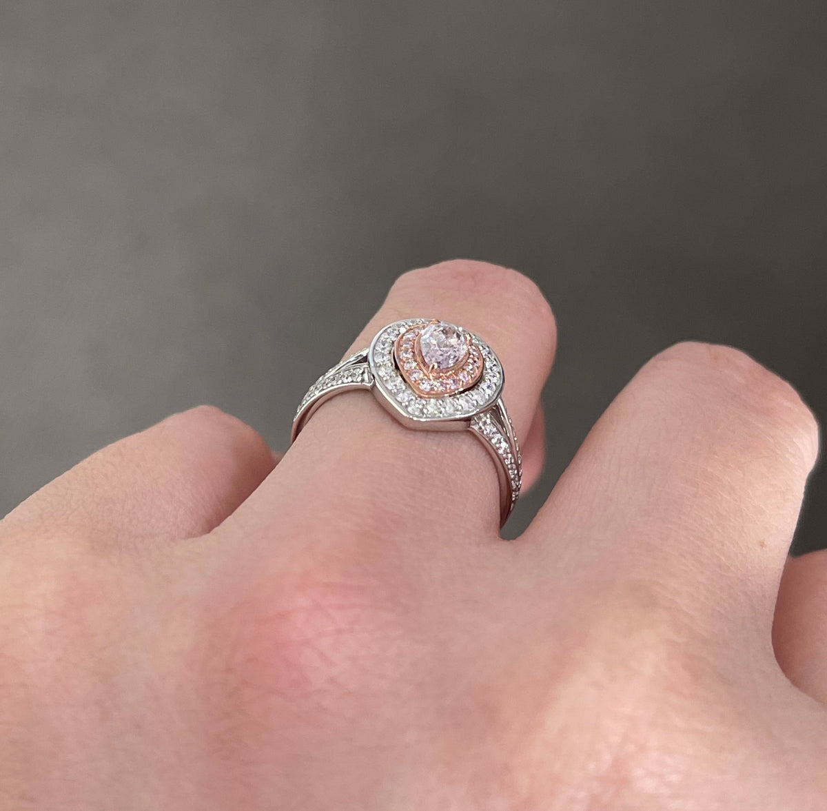 Natural Fancy purplish pink diamonds Halo Ring In 14ct White Gold