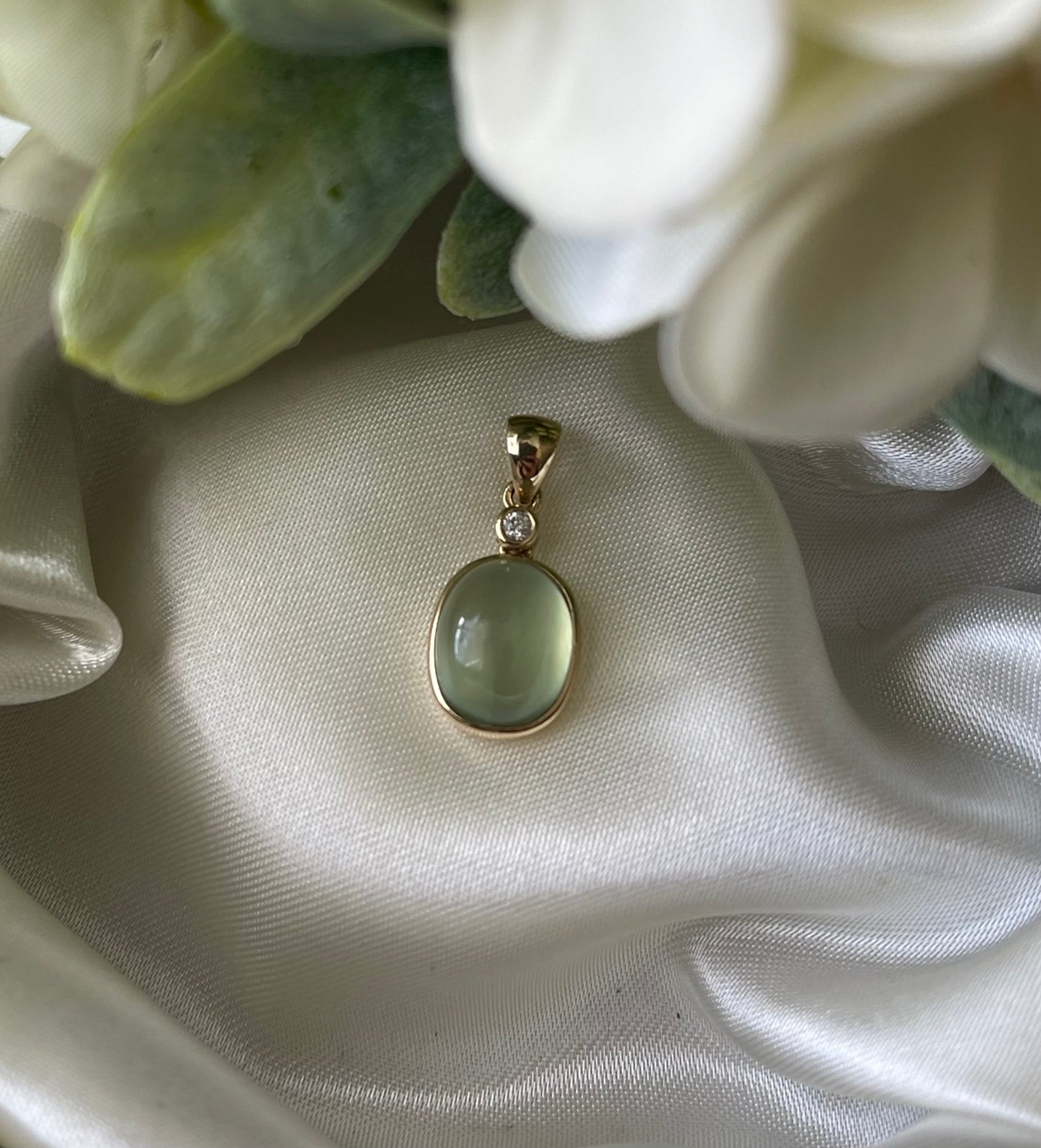 4.4ct Prehnite & Diamond Pendant in 9ct Yellow Gold