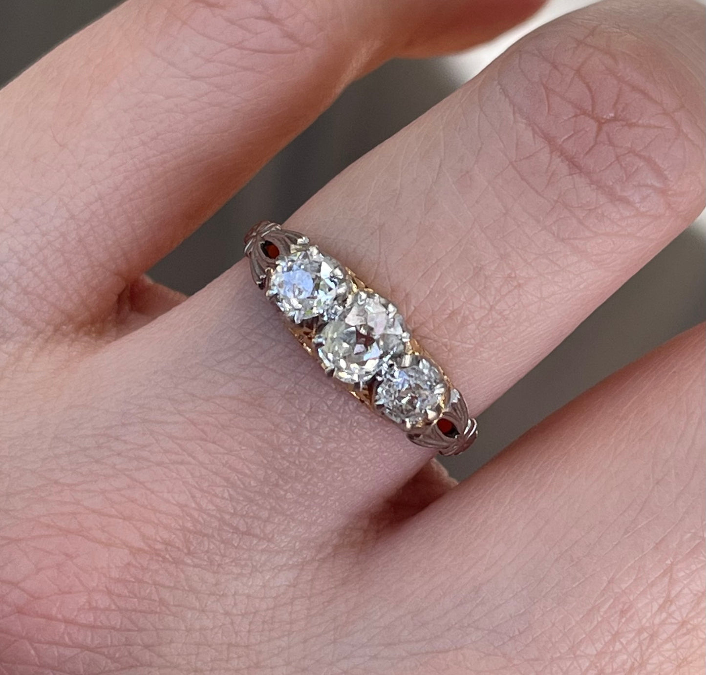 Antique 1ct Old Cut Diamond Trilogy Ring In 18ct Yellow Gold & Platinum Mount