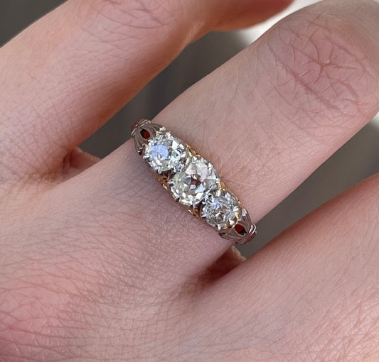 Antique 1ct Old Cut Diamond Trilogy Ring In 18ct Yellow Gold & Platinum Mount