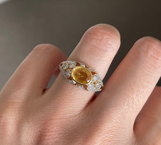 Art Deco Inspired Natural Yellow Sapphire Diamond Ring In 14ct Yellow Gold