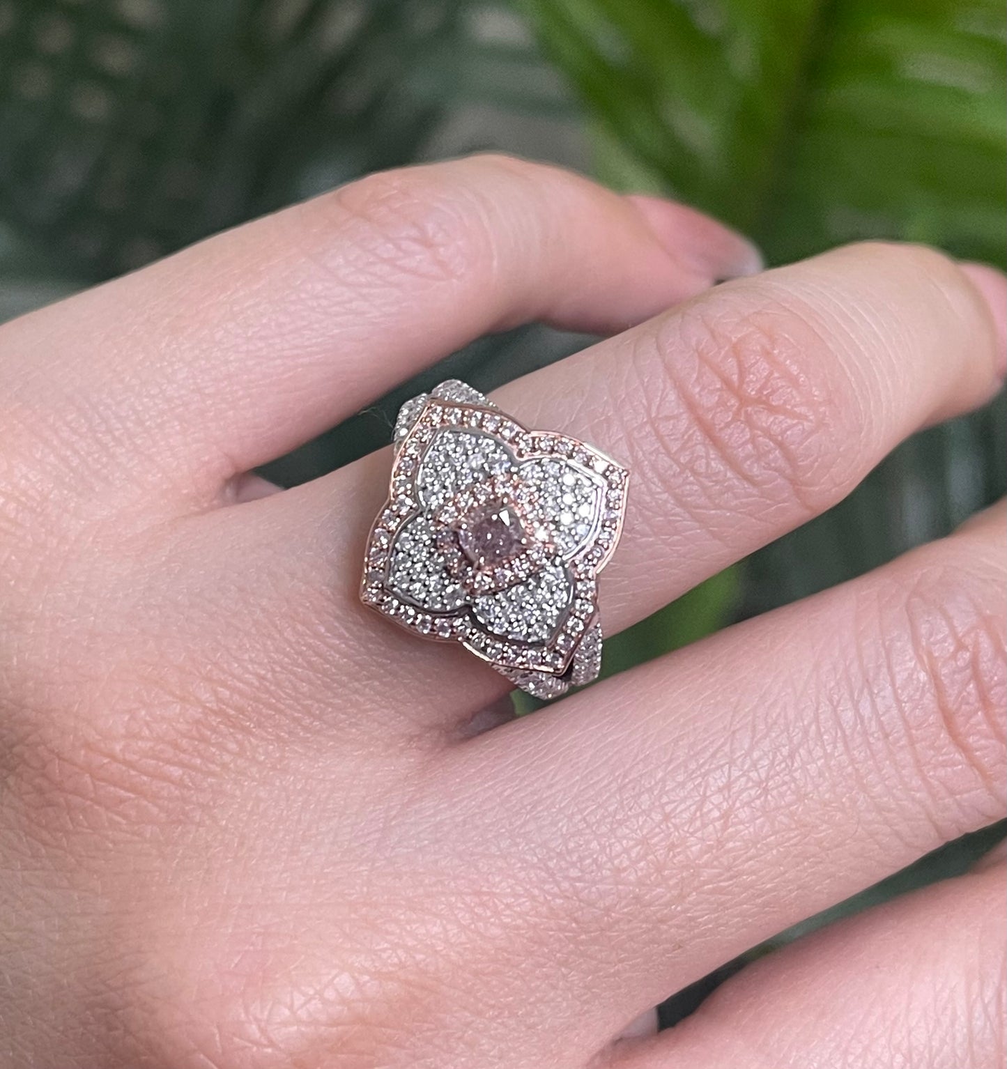 Natural Pink Diamond Flower Ring In 14ct Rose Gold & White Gold