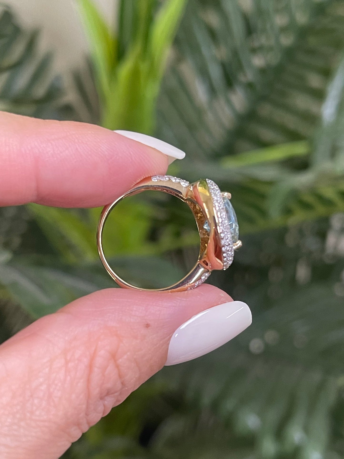 Natural Aquamarine & Diamond Halo Ring In 14ct Yellow Gold