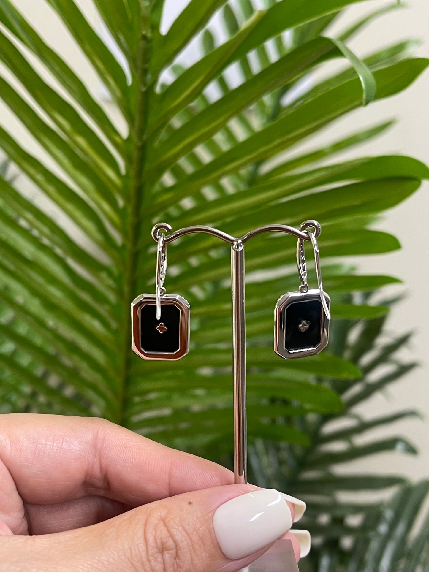 Art Deco Style Black Onyx Diamond Drop Earrings In 14ct White Gold