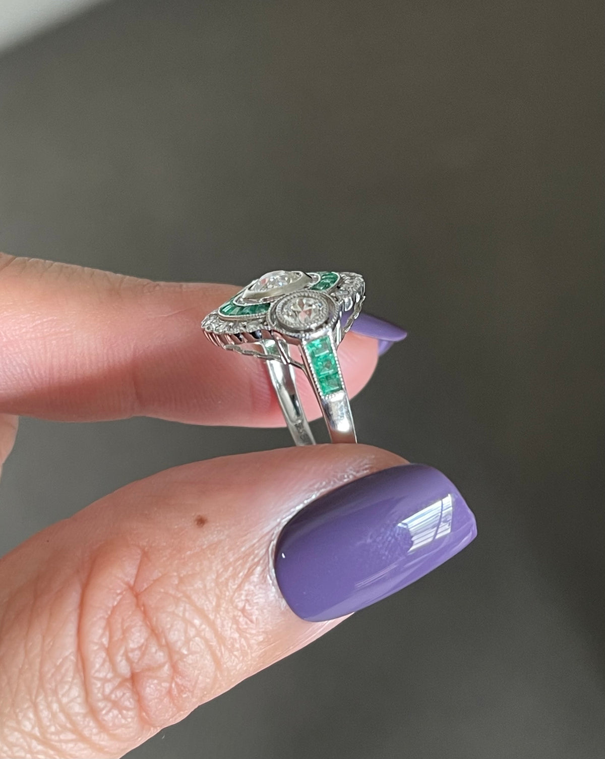 Art Deco Style Old Cut Diamond Tilogy Emerald Ring In 14ct White Gold