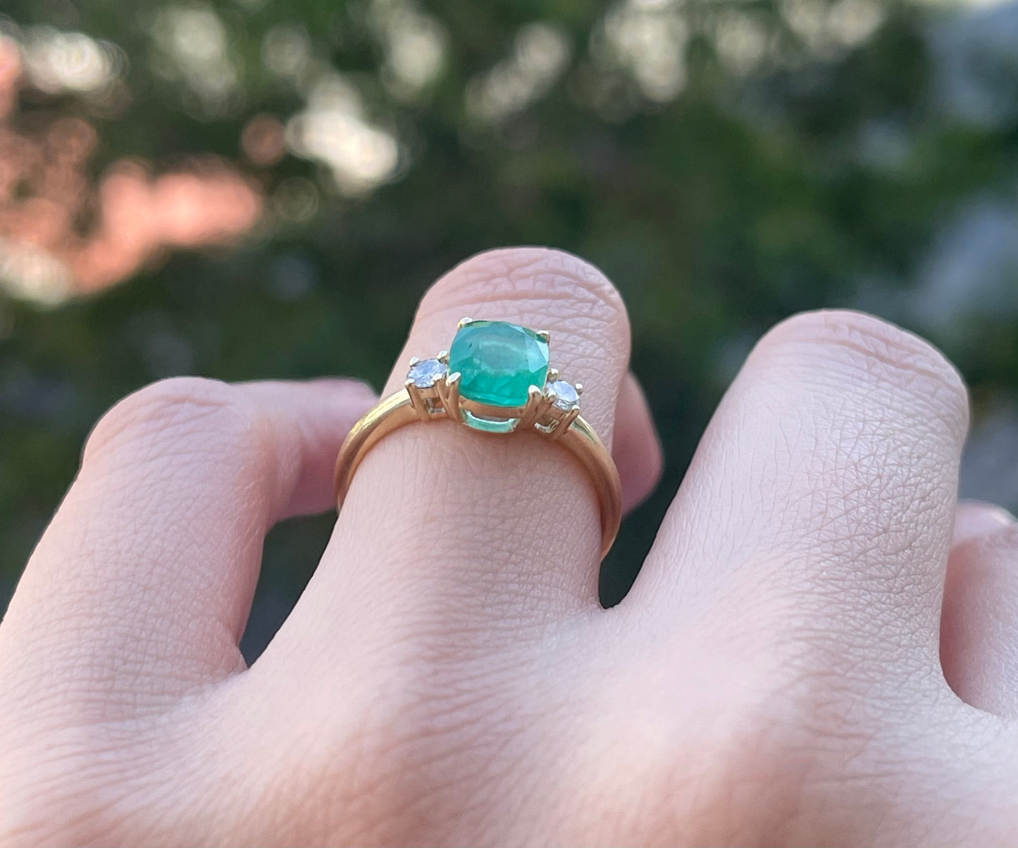 9ct yellow gold 1.5ct natural emerald with diamond 3 stone trilogy ring