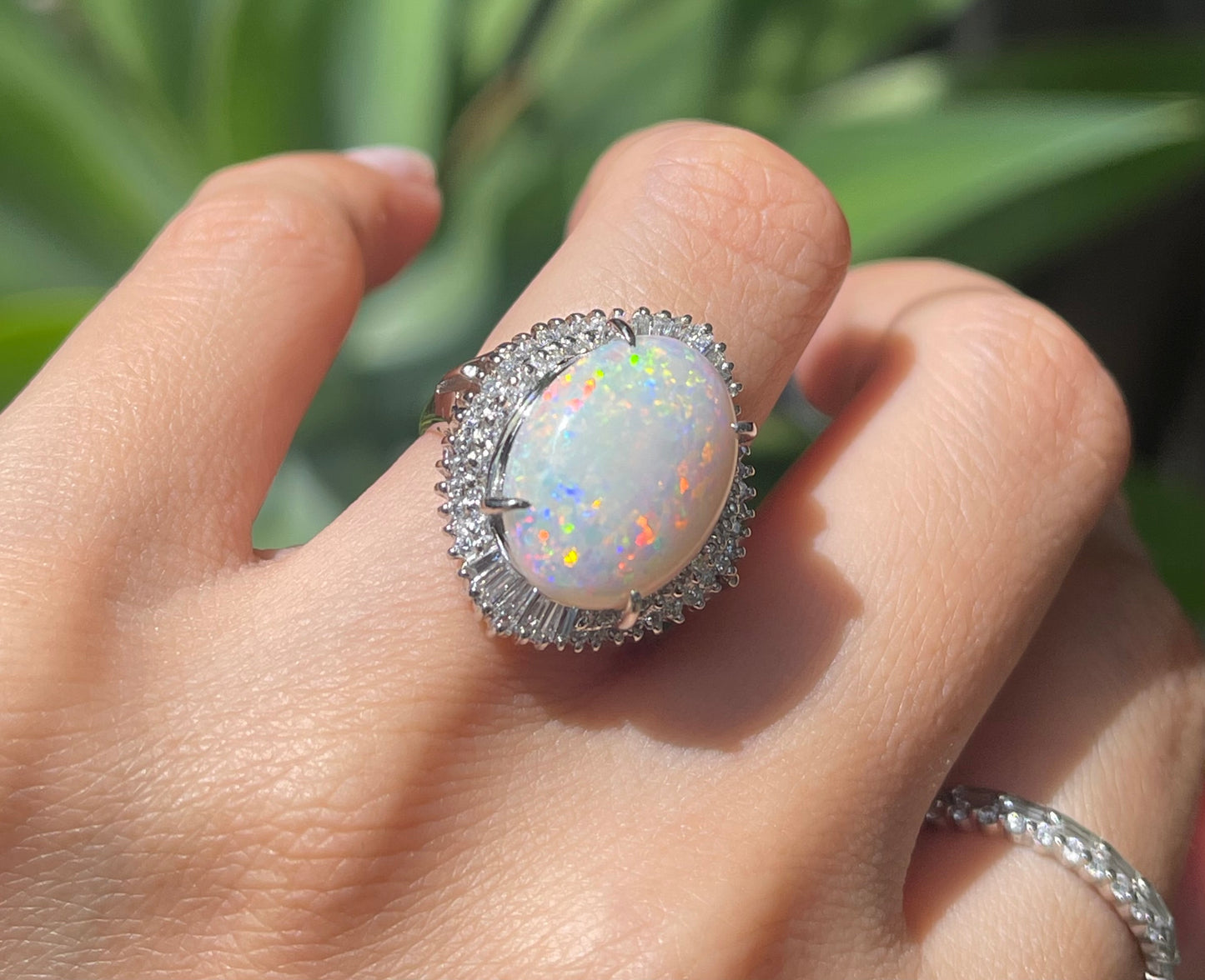 6.5ct Australian Solid Opal & Diamond Ring in 900 Platinum – Rare Harlequin Pattern with Fiery Red Flash