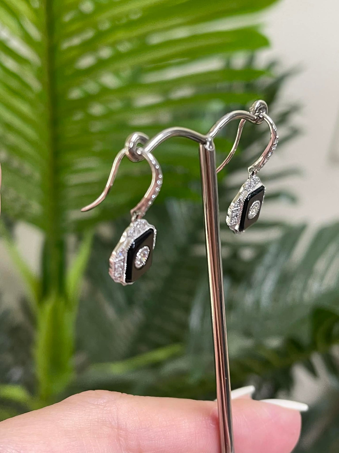 Art Deco Style Natural Onyx & Diamond Drop Earrings In 14ct White Gold