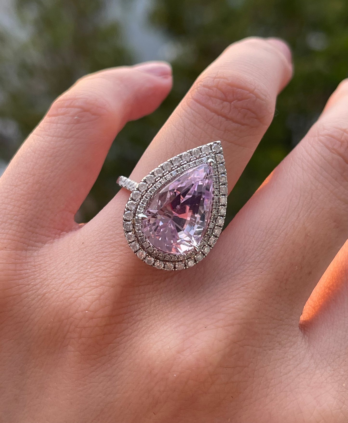 14ct white gold natural pear shaped Kunzite diamond halo ring
