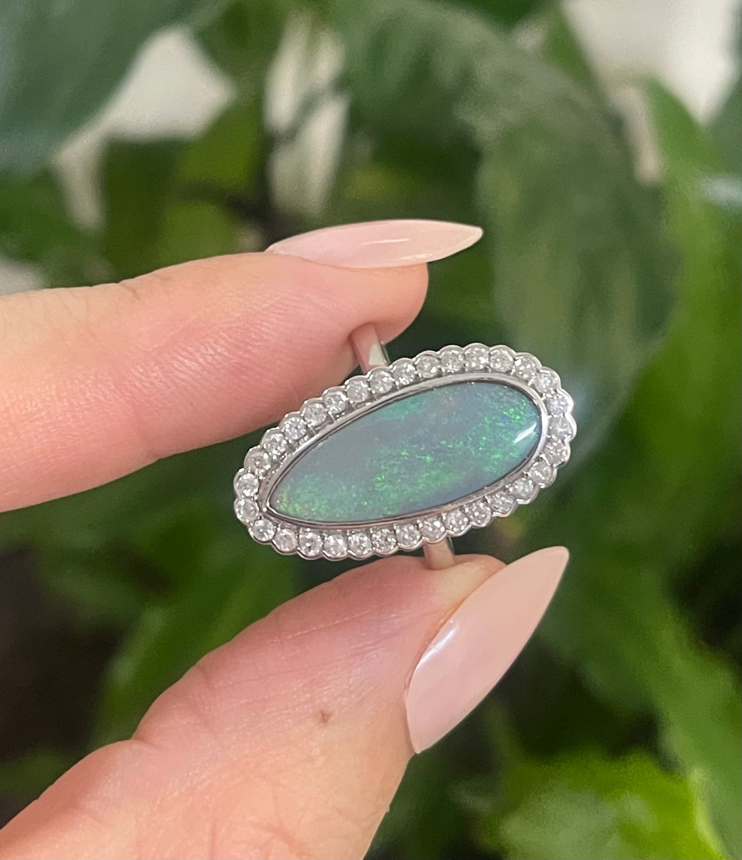Natural Solid Lighting Ridge Opal Diamond Ring In 14ct White Gold