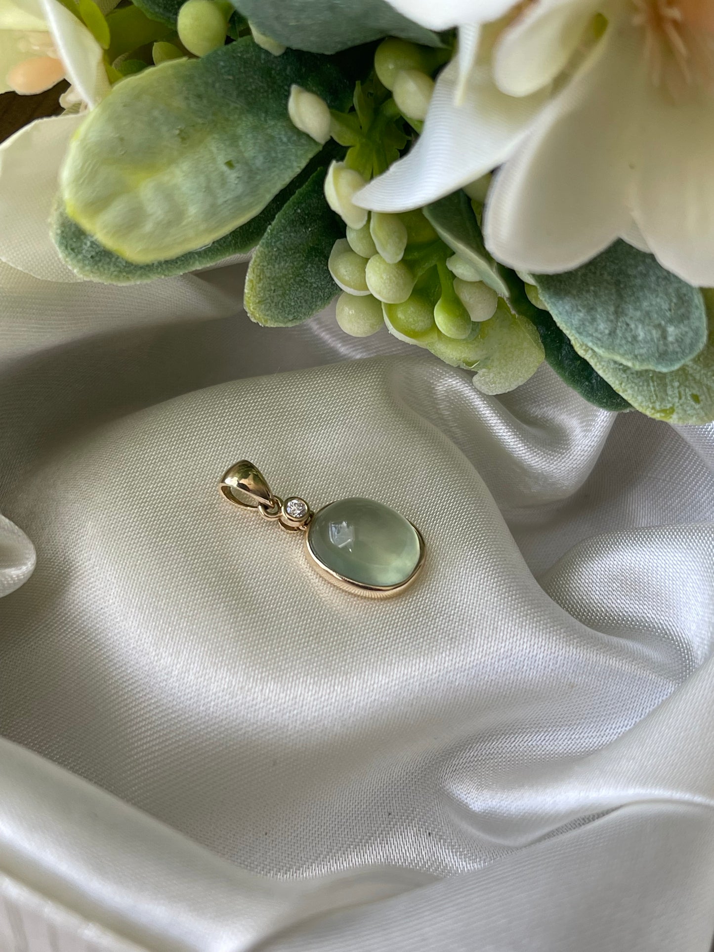 4.4ct Prehnite & Diamond Pendant in 9ct Yellow Gold