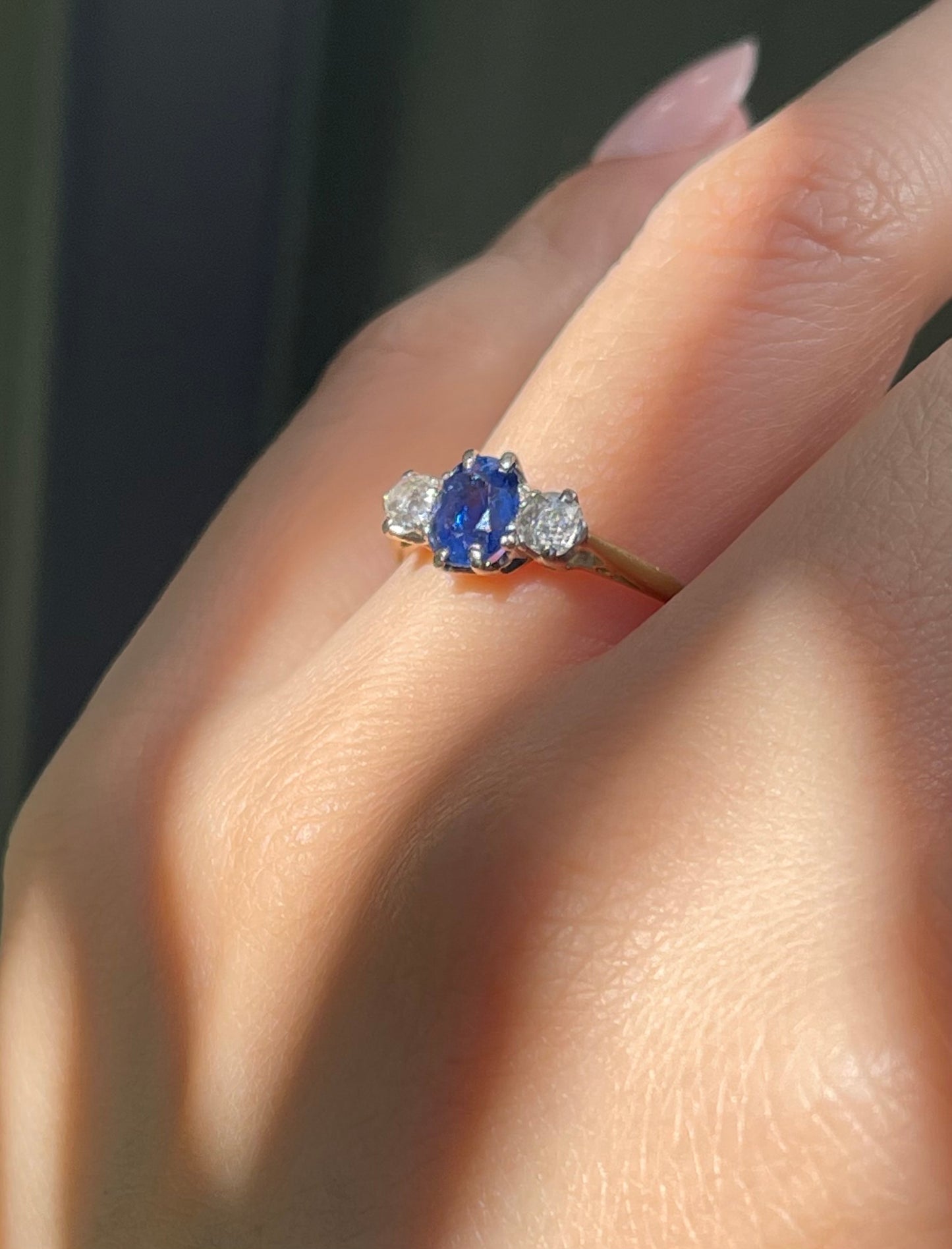 Antique Natural Ceylon Sapphire Old Cut Diamond Trilogy Ring In 18ct Yellow Gold & Platinum