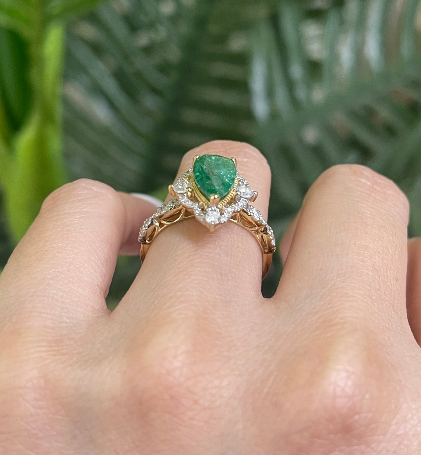 1.35ct Natural Pear Cut Emerald & Diamond Ring In 14ct Yellow Gold