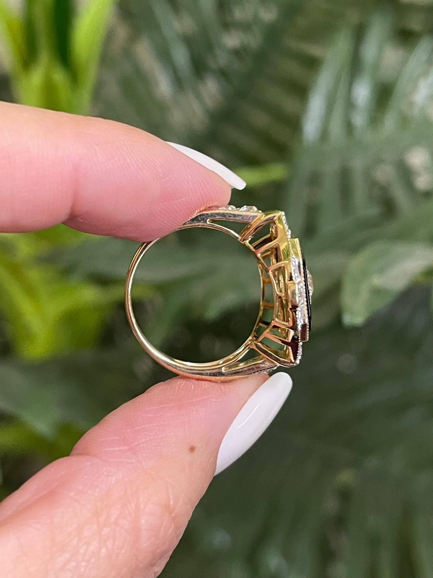 Art Deco Inspired Black Onyx Natural 1.52ct Old Cut Diamond Ring In 14ct Yellow Gold