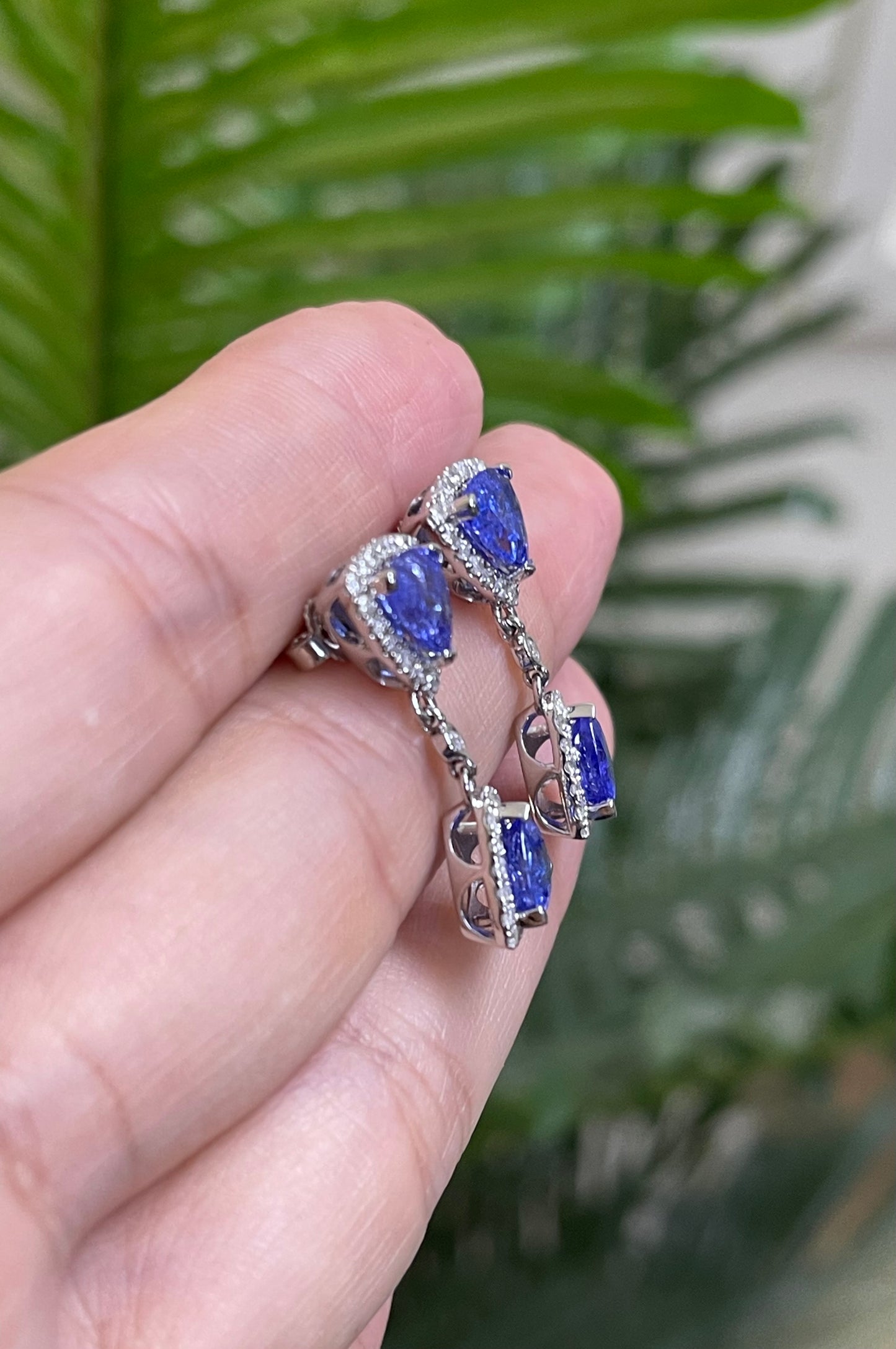Stunning Tanzanite Diamond Drop Earrings In 14ct White Gold