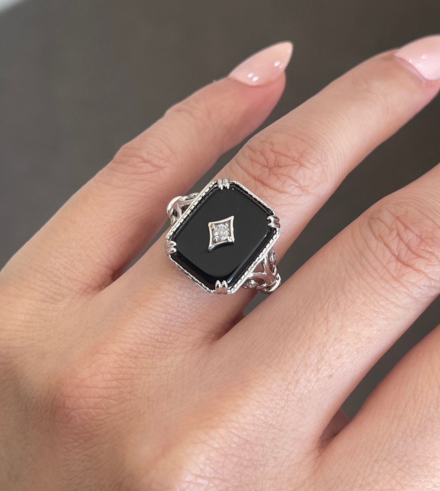 Art Deco Style Onyx & Old Cut Diamond Ring In 14ct White Gold