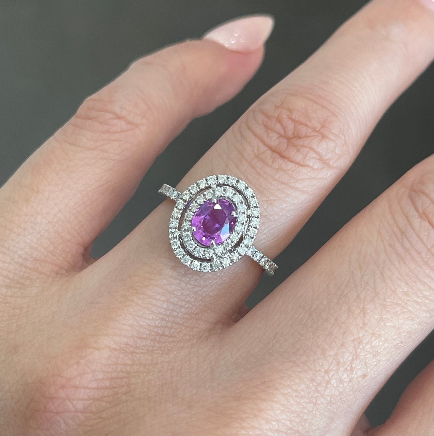 Natural Pink Sapphire Diamond Double Halo Ring In 14ct White Gold