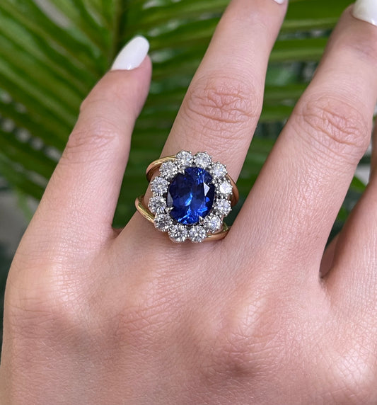 3.8ct Natural Tanzanite & 1.36ct Natural Diamond Ring With Split Shoulder In 14ct Yellow Gold