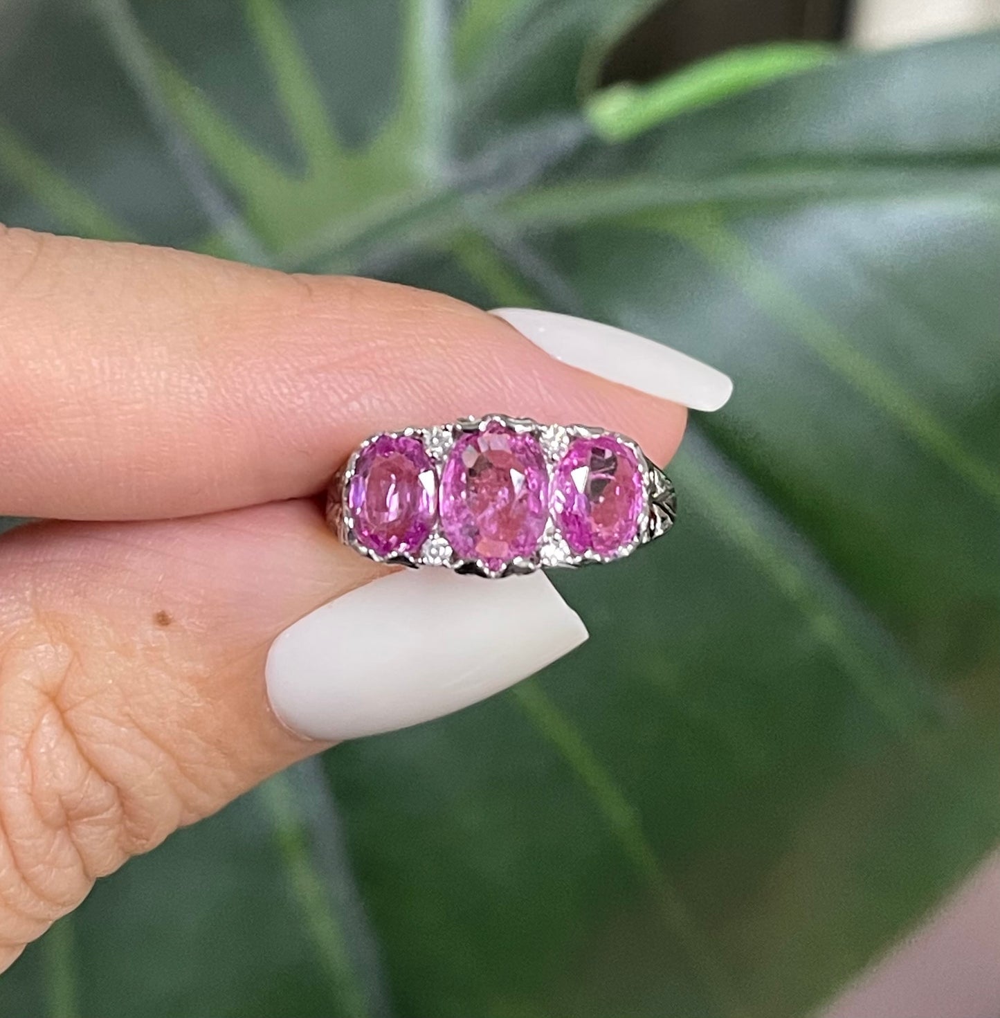 2.62ct Pink Sapphire Diamond Trilogy Ring In 14ct White Gold