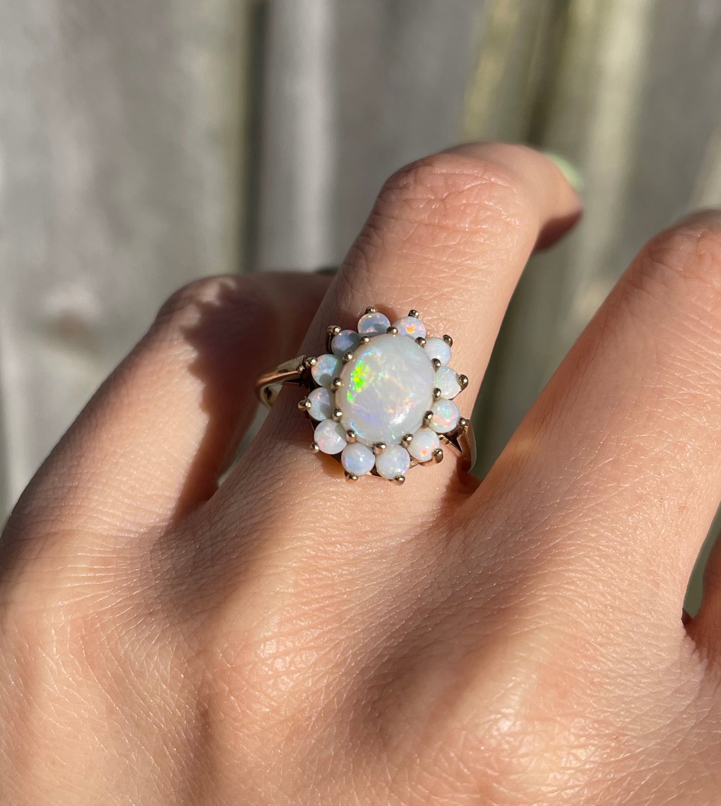 Vintage 1971 UK OriginNatural Solid Opal Cluster Ring In 9ct Yellow Gold