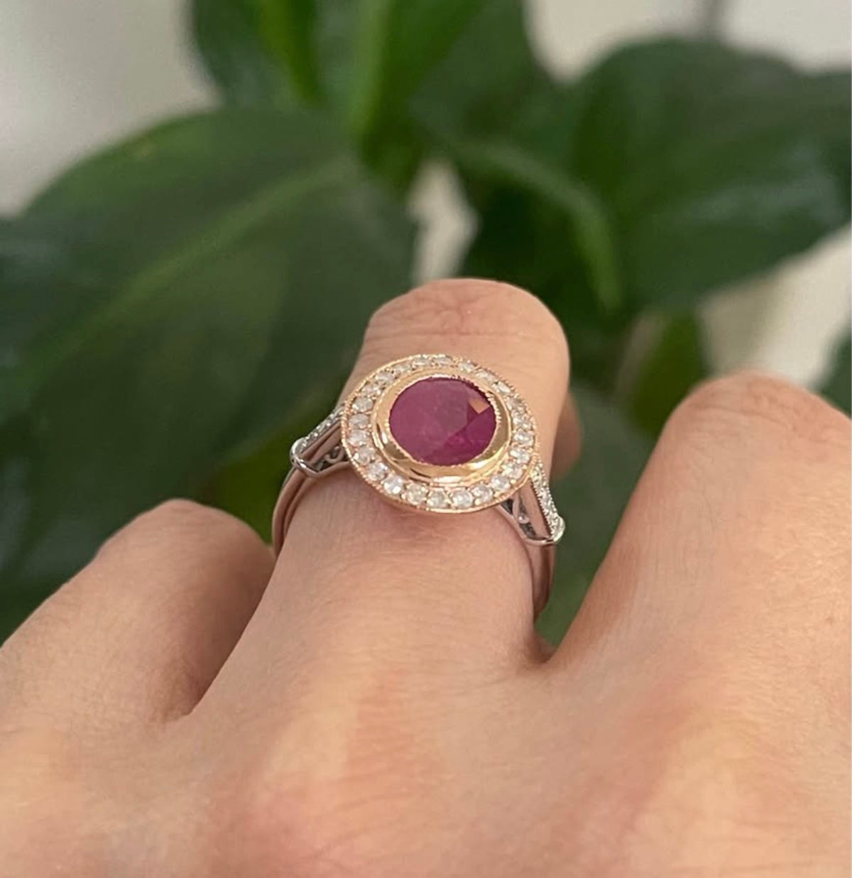 2.2ct Natural Ruby Diamond Halo Ring In 14ct White & Rose Gold