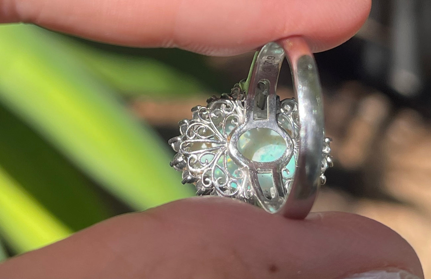 Solid Australian Opal & Diamond Ring In 900 Platinum