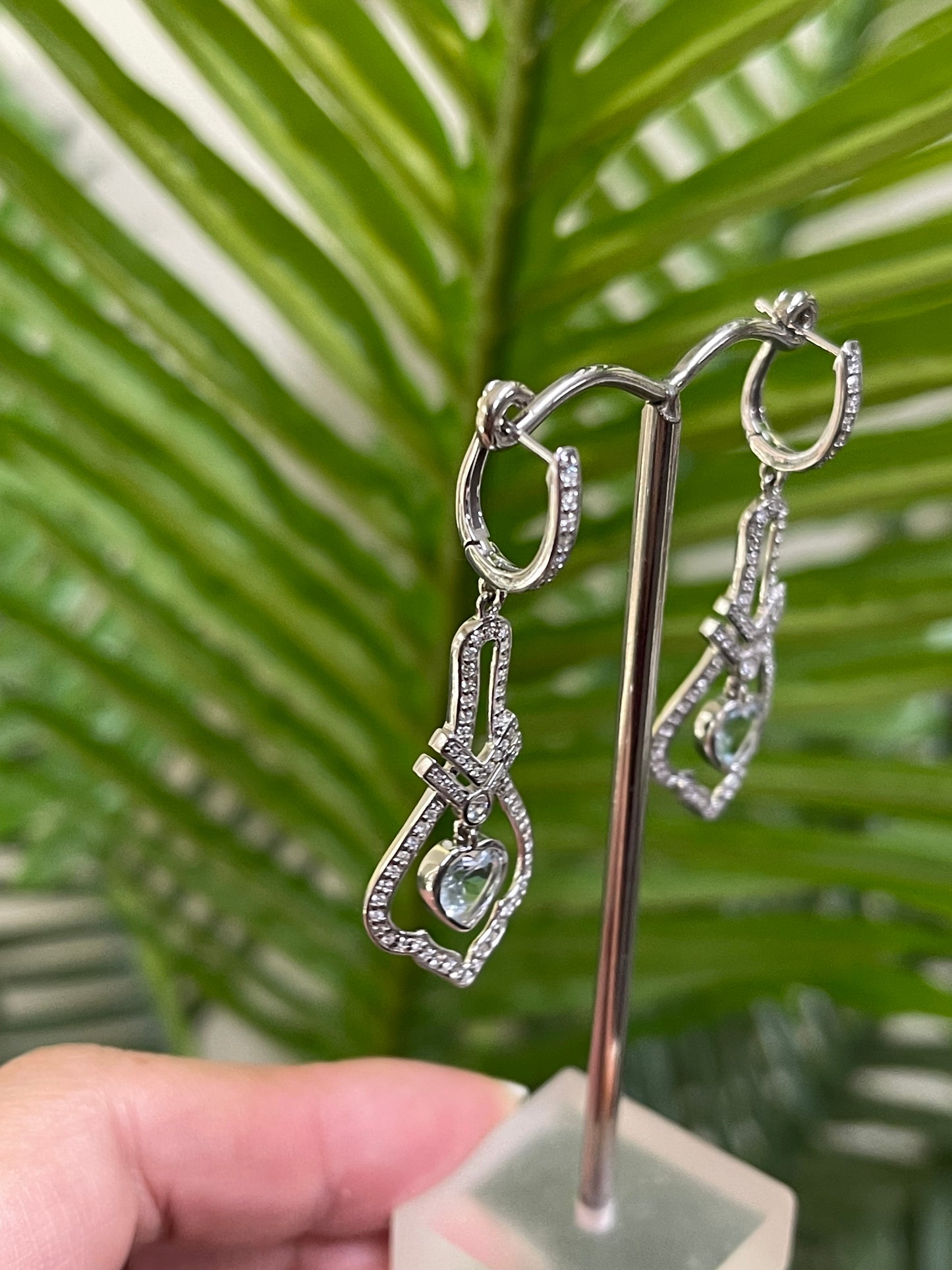Art Deco Style Natural Aquamarine & Diamond Earrings In 14ct White Gold
