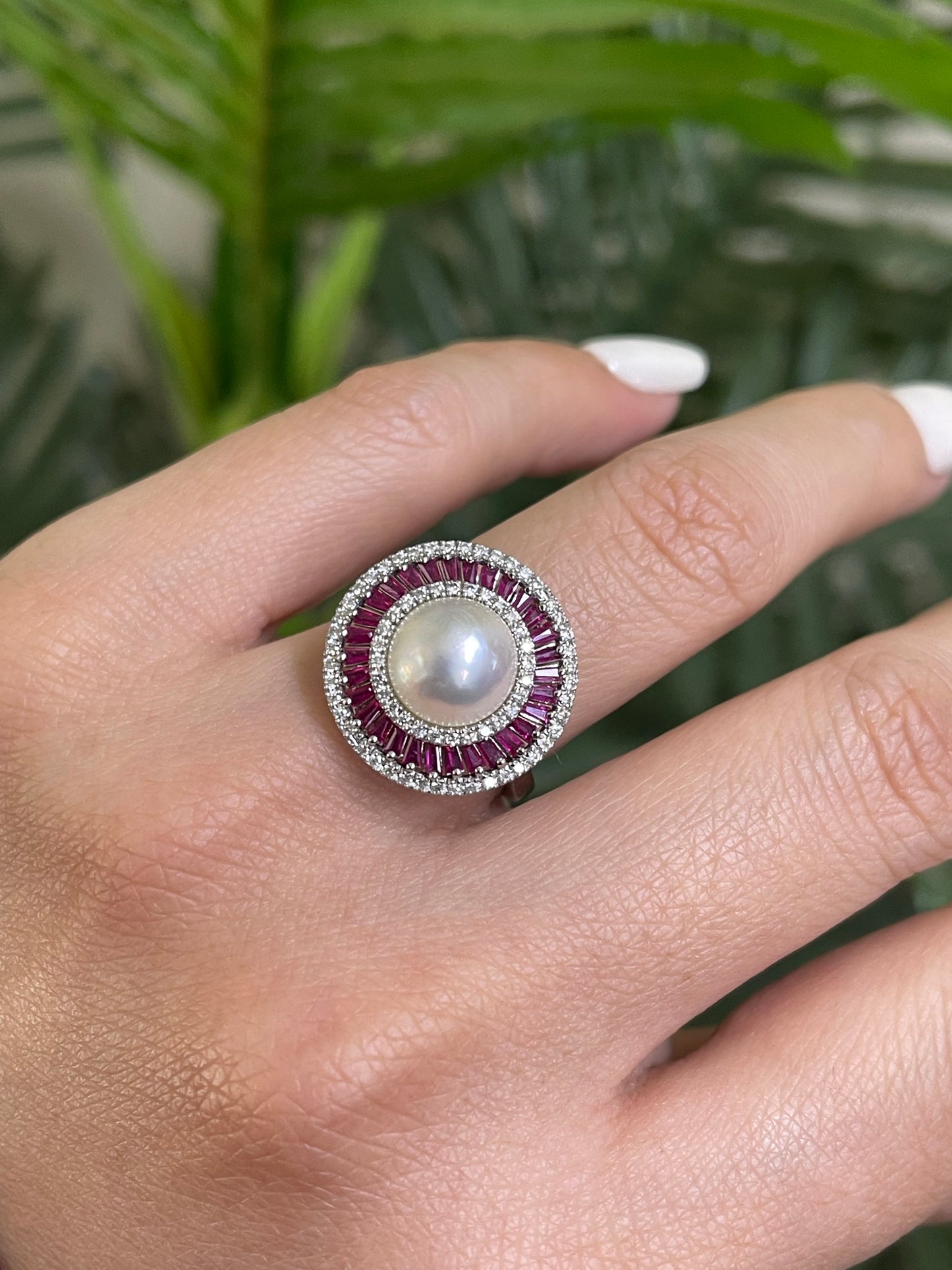 Art Deco Inspired Mabe Pearl Ruby Diamond Ring In 14ct White Gold