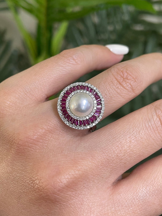 Art Deco Inspired Mabe Pearl Ruby Diamond Ring In 14ct White Gold