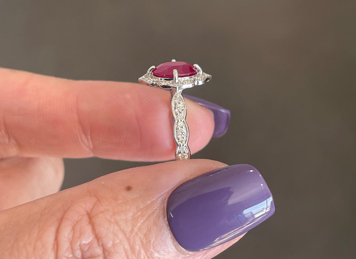 Art Deco Inspired Natural Ruby Diamond Ring In 14ct White Gold