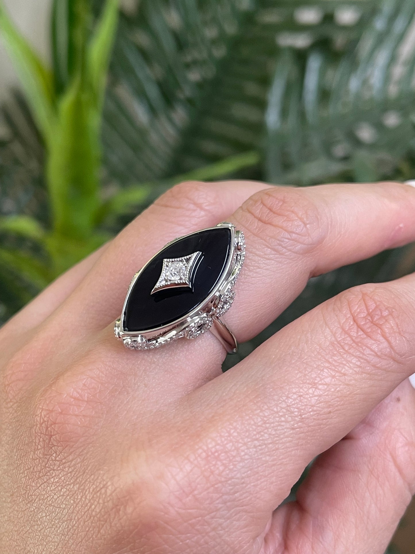 Art Deco Onyx & Diamond Cocktail Ring In 14ct White Gold