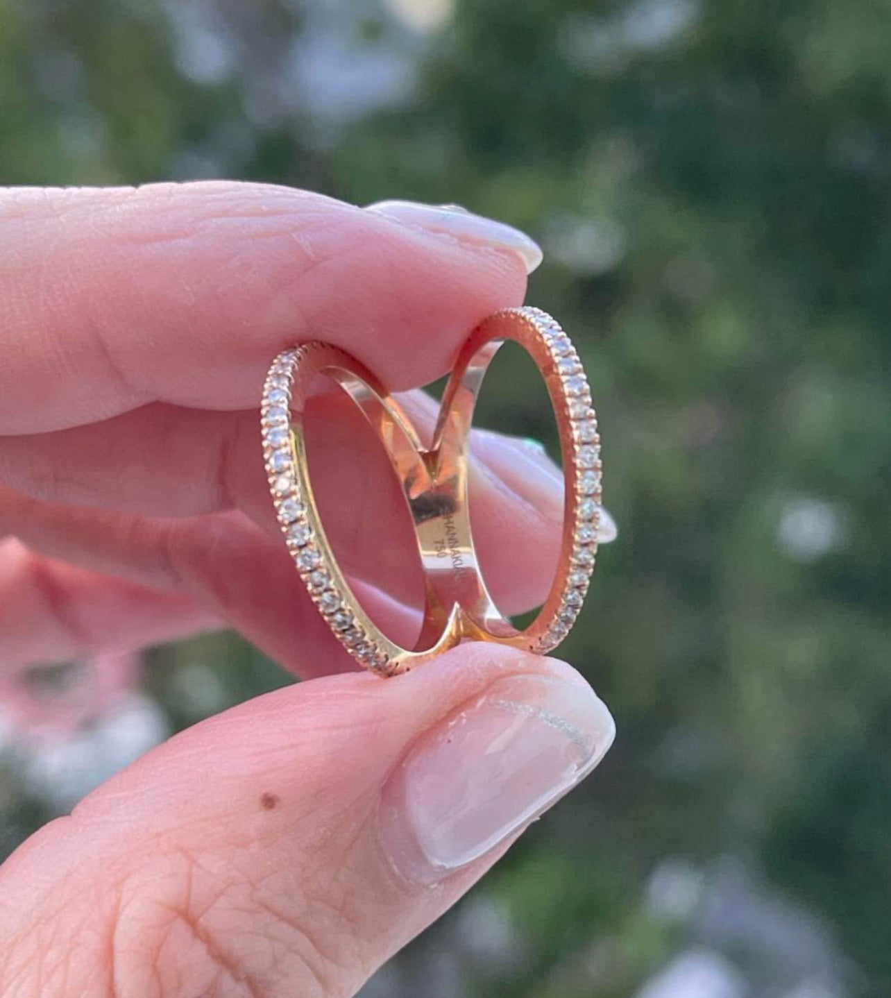 Modern 18ct rose gold diamond V ring by Shannakian