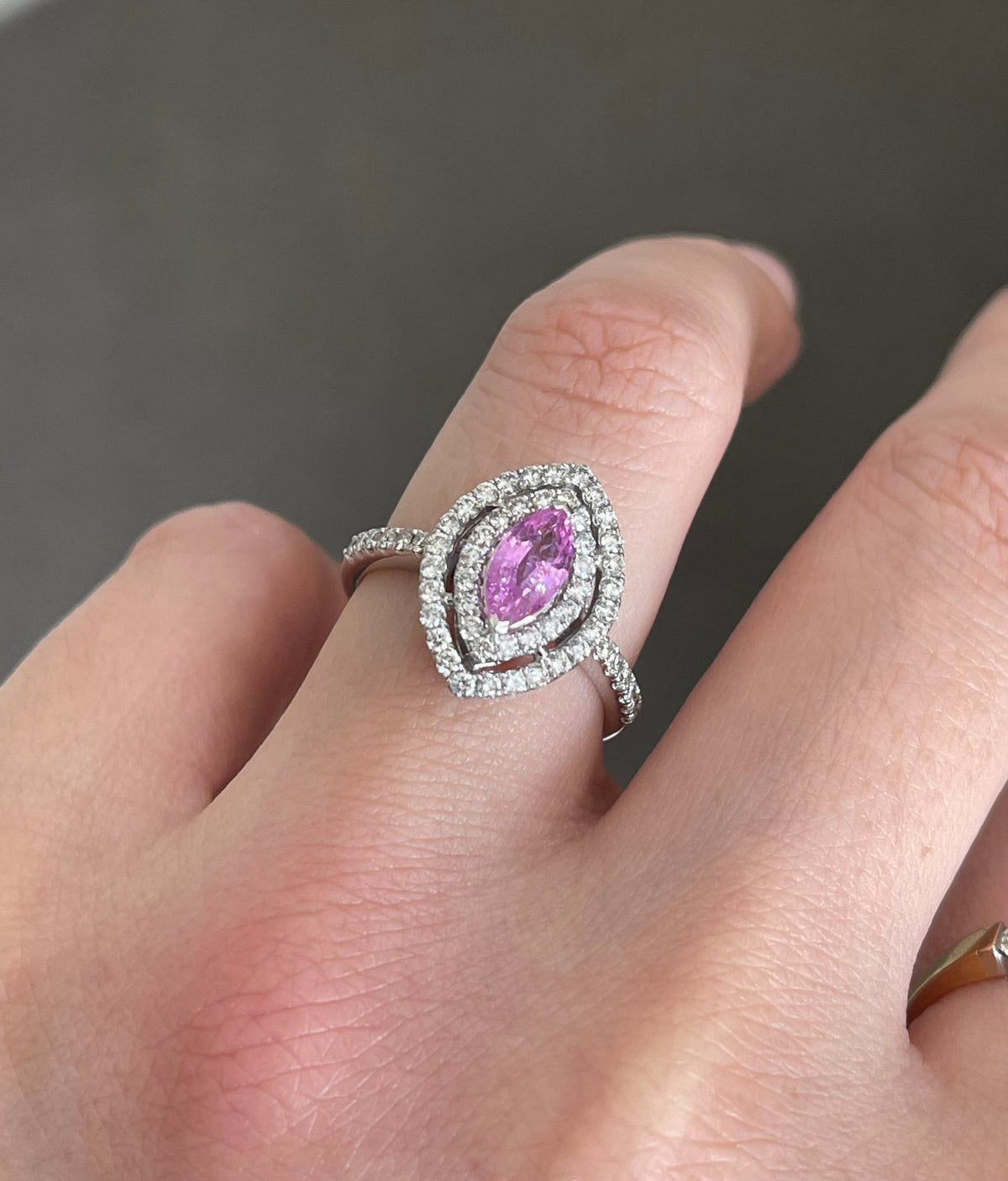 Natural Pink Sapphire Diamond Double Halo Ring In 14ct White Gold