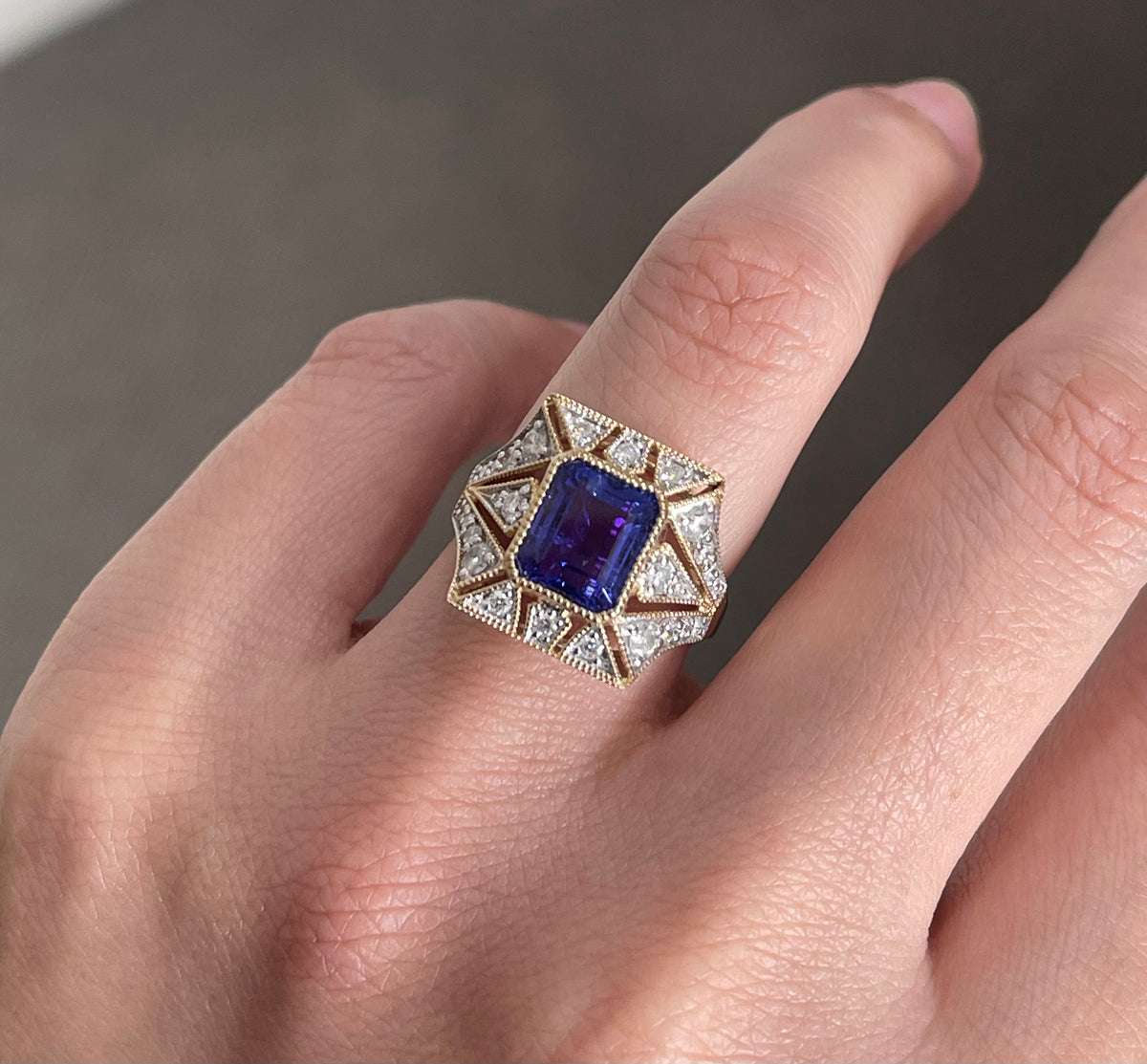 Imperial Art Deco Style Natural Tanzanite Diamond Ring In 14ct Yellow Gold