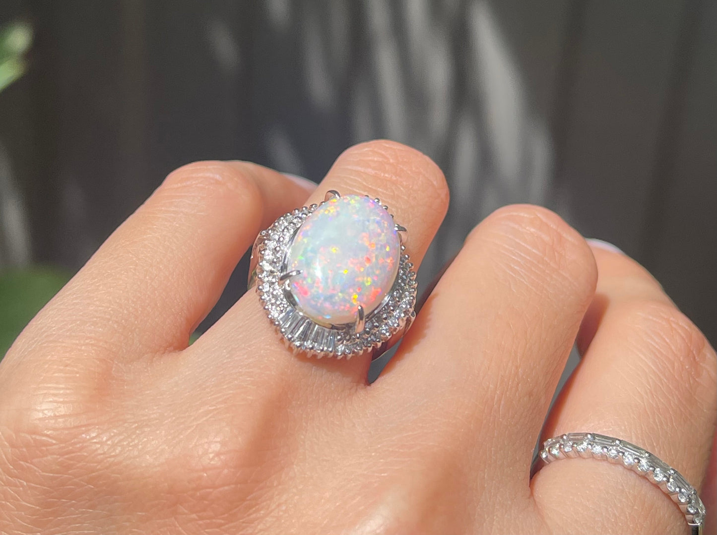 6.5ct Australian Solid Opal & Diamond Ring in 900 Platinum – Rare Harlequin Pattern with Fiery Red Flash