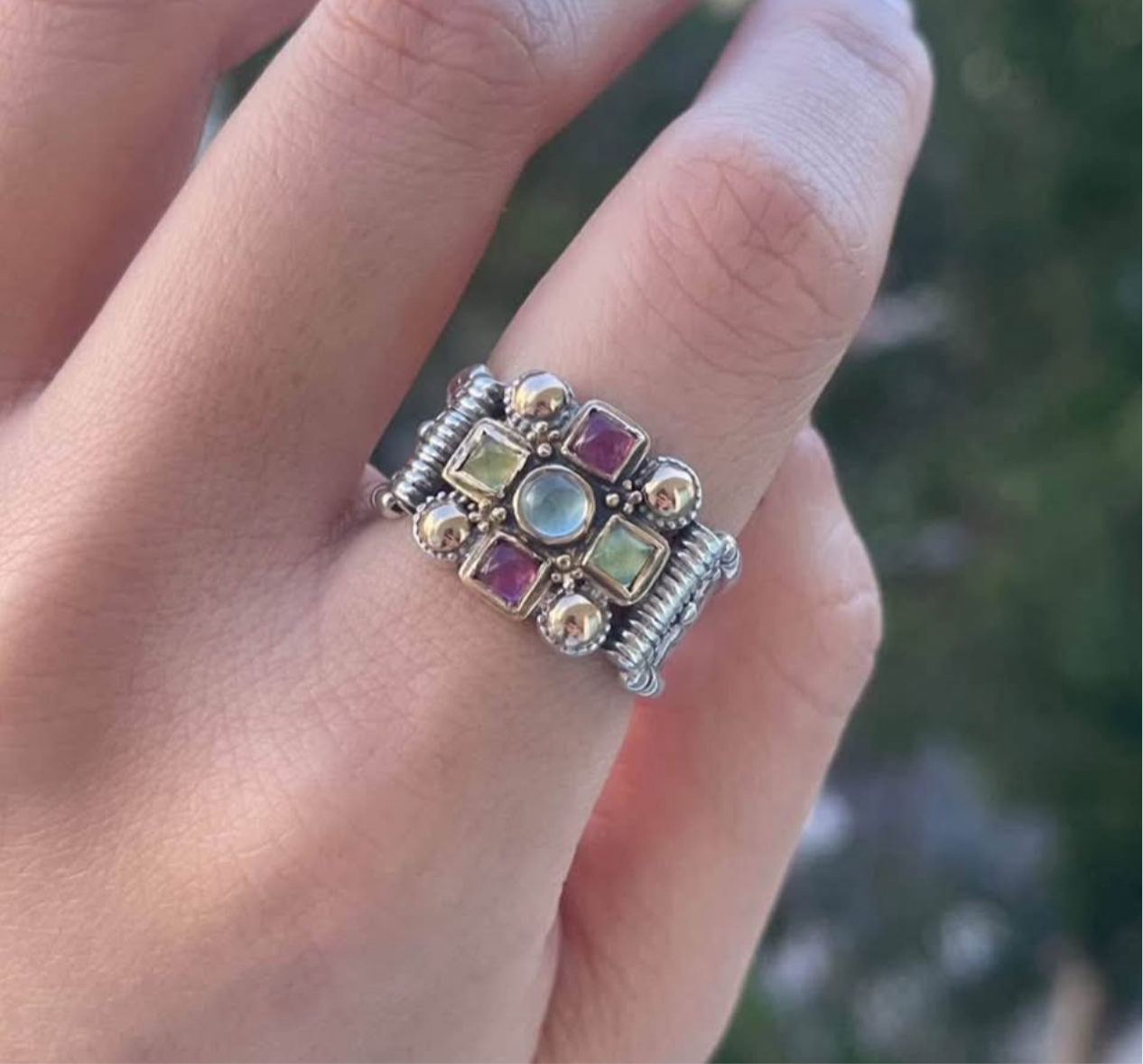 18ct yellow gold & sterling silver aquamarine & tourmaline wide band