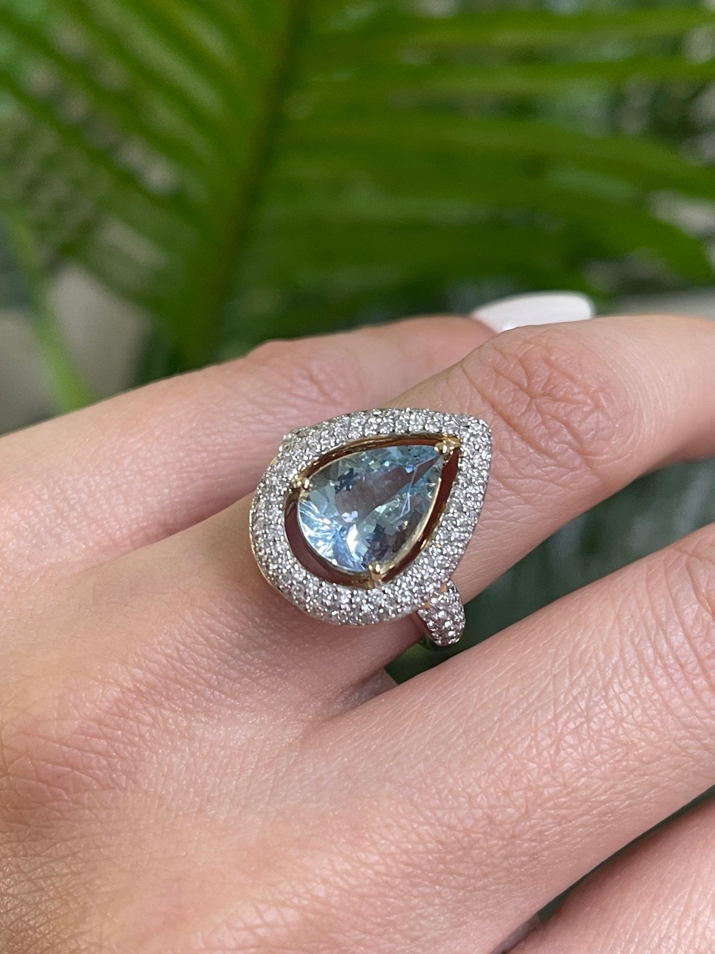 Natural Aquamarine & Diamond Halo Ring In 14ct Yellow Gold