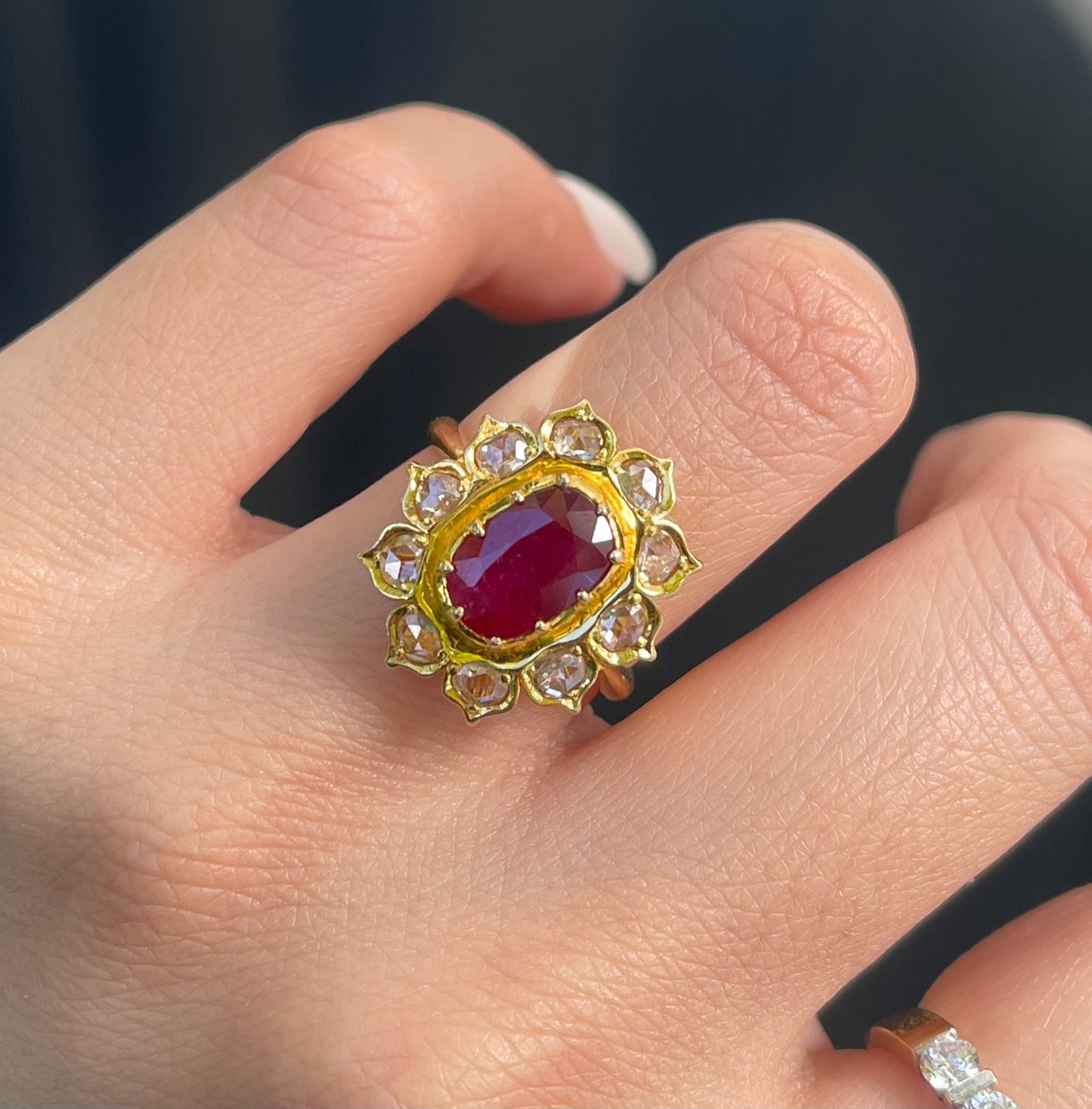 Antique style 2.5ct Ruby & Rose-Cut Diamond Cluster Ring in 14ct Yellow Gold