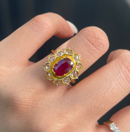 Antique style 2.5ct Ruby & Rose-Cut Diamond Cluster Ring in 14ct Yellow Gold