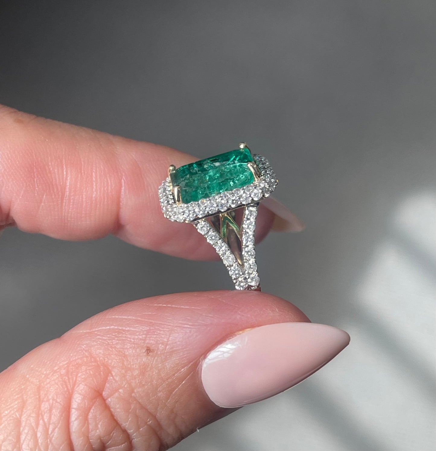 4.21ct Natural Emerald Diamond Halo Ring In 14ct Yellow Gold