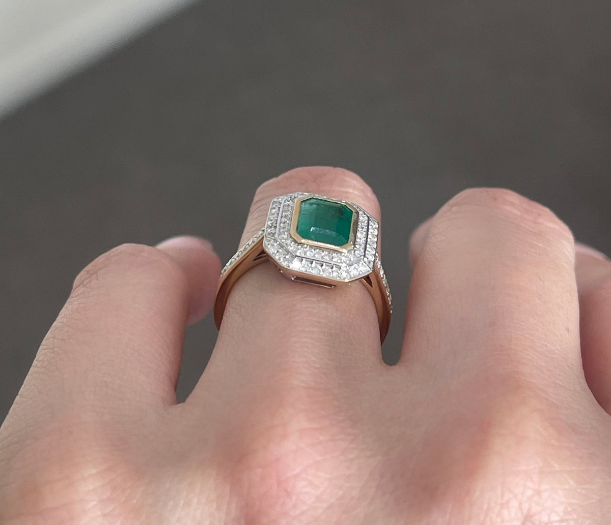 Classic Natural Emerald Diamond Double Halo Ring In 14ct Yellow White Gold