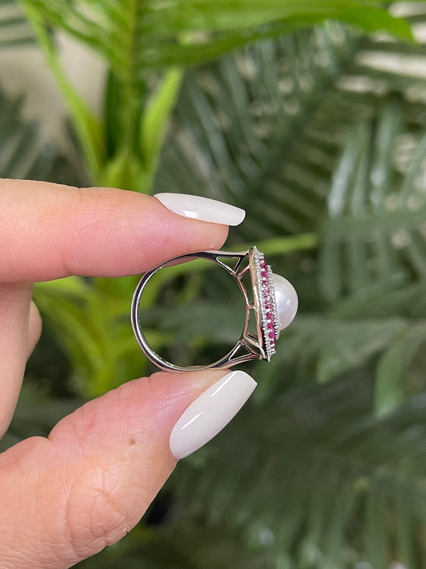 Art Deco Inspired Mabe Pearl Ruby Diamond Ring In 14ct White Gold