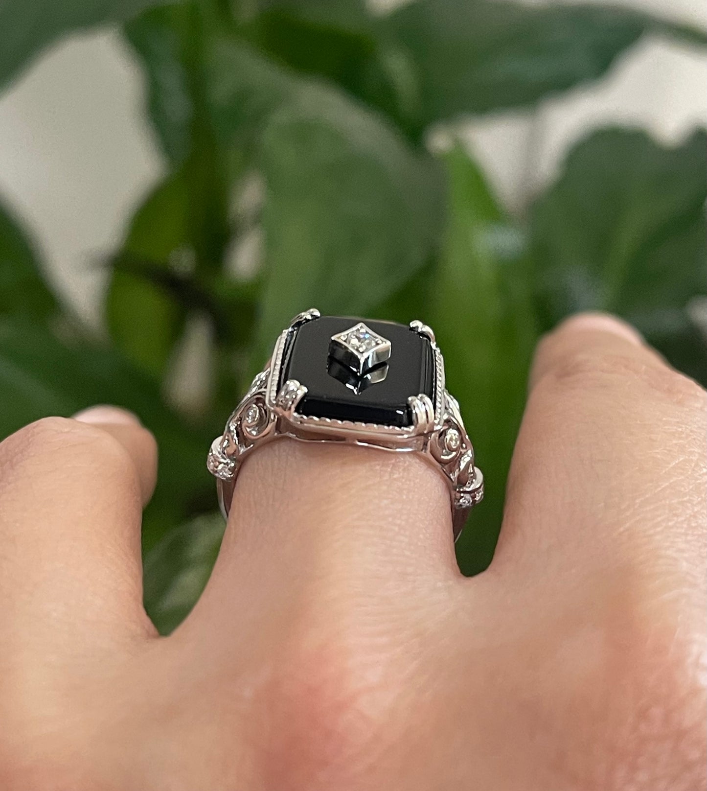 Art Deco Style Onyx & Old Cut Diamond Ring In 14ct White Gold