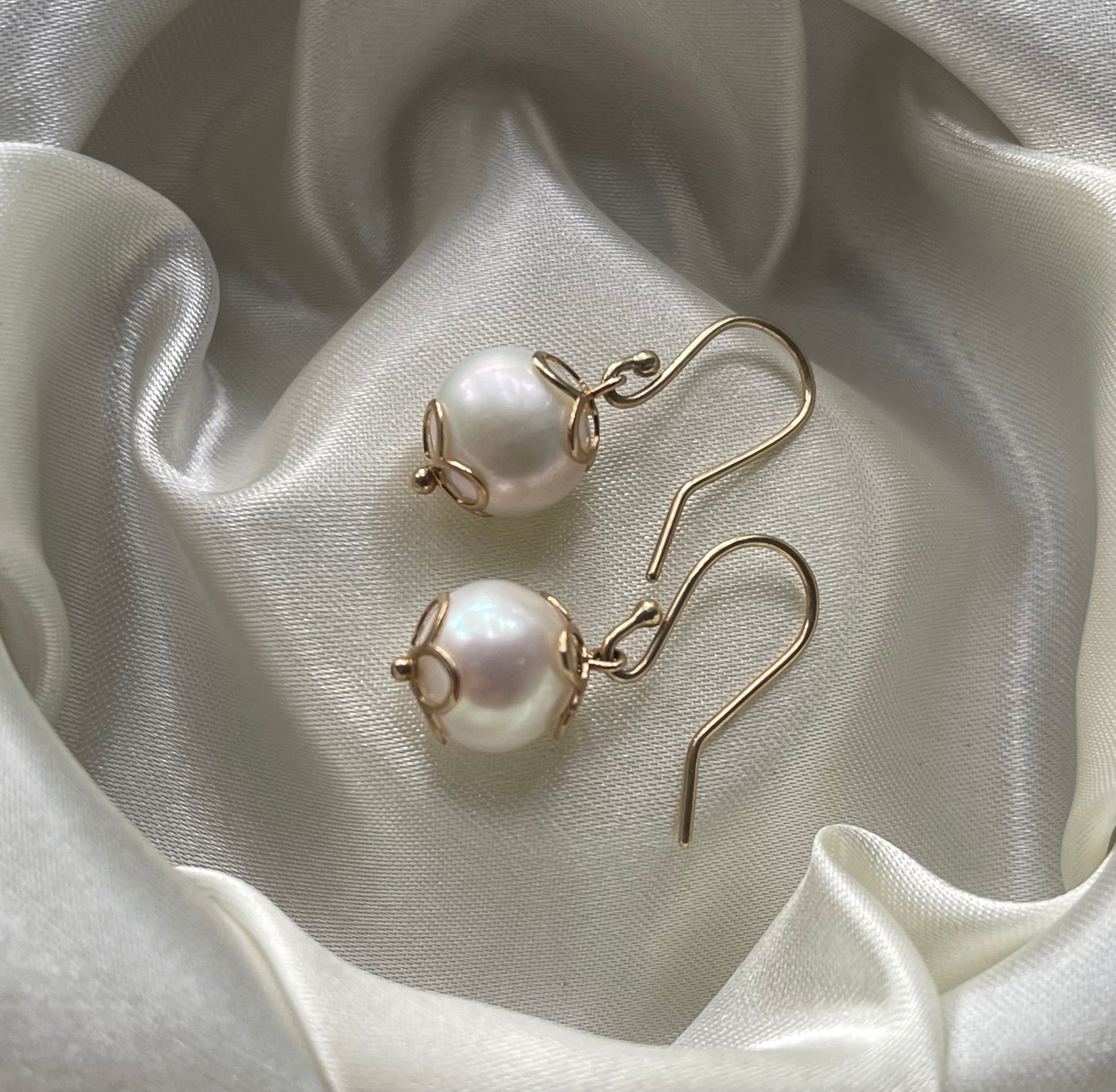 New Pearl Drop Earrings With Flower Detailing In 9ct Yellow Gold
