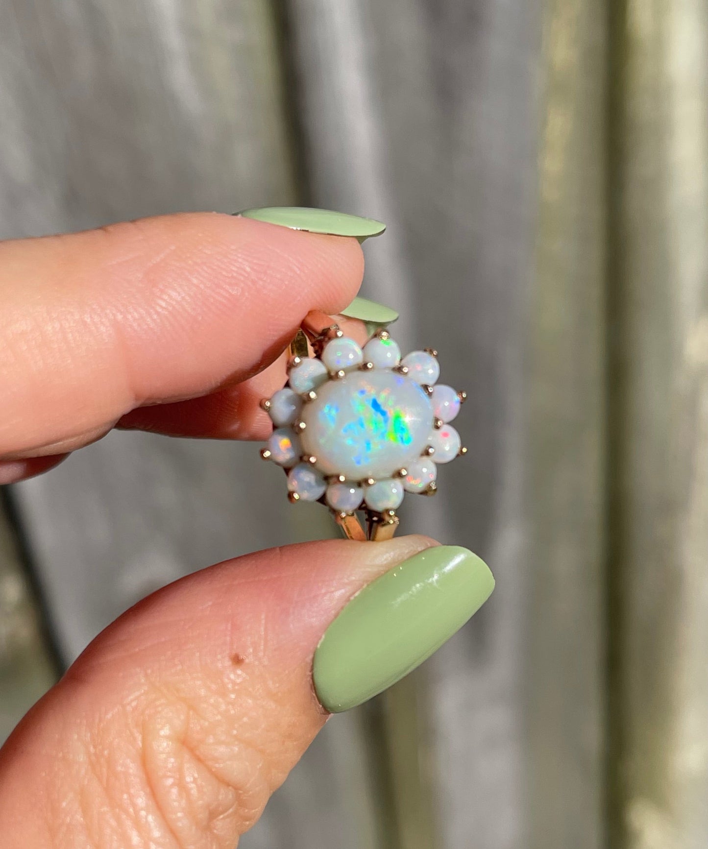 Vintage 1971 UK OriginNatural Solid Opal Cluster Ring In 9ct Yellow Gold