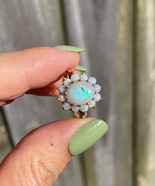 Vintage 1971 UK OriginNatural Solid Opal Cluster Ring In 9ct Yellow Gold